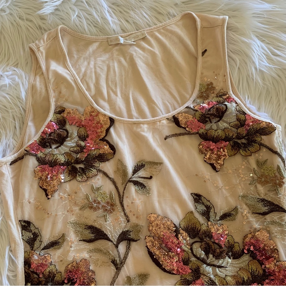 Boston Proper sequined embroidered floral tank top M